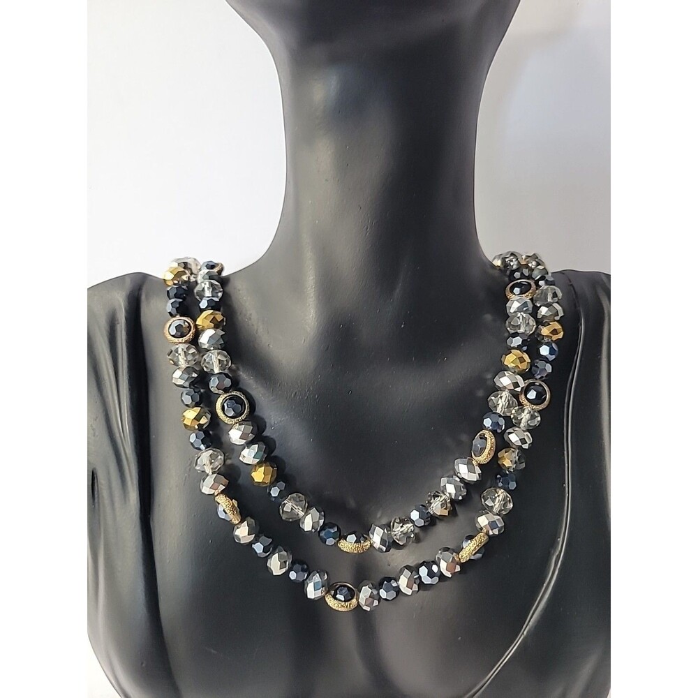 Vintage Gold Tone Blue Silver Faceted Glass Crystal‎ Bead Strand Necklace 19 In